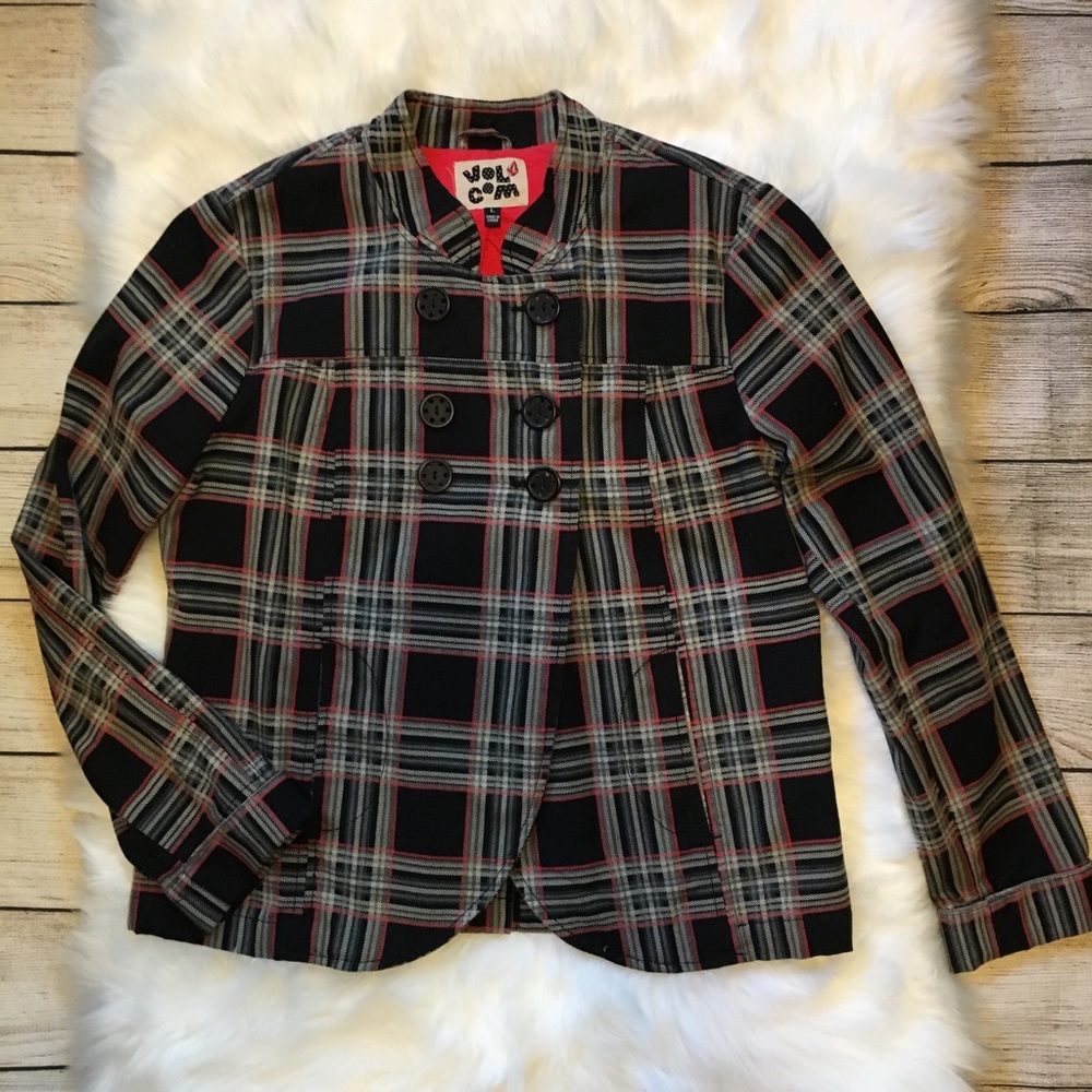 Volcom Plaid Peacoat Jacket Black Red Cotton small